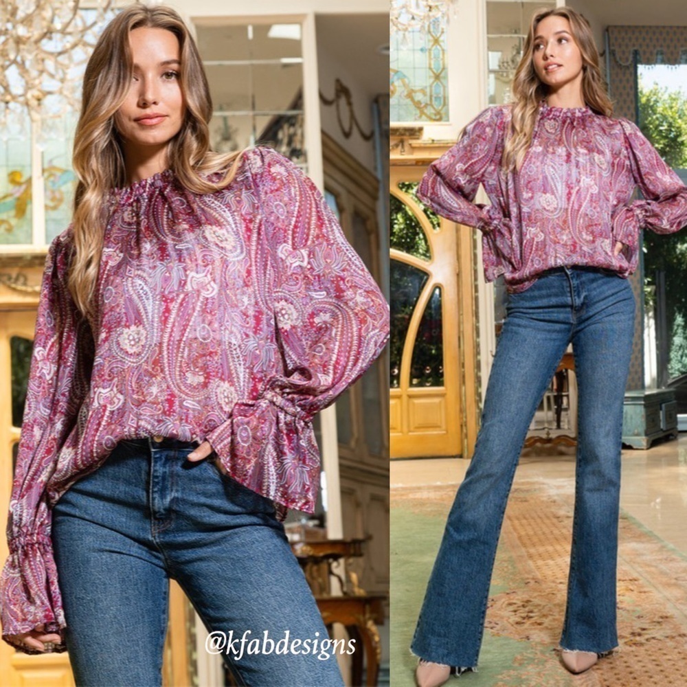NEW! Ces Femme Gold Sparkle Ruffle Cuff Smocked Neck Stunning Paisley Design Top - Picture 3 of 7